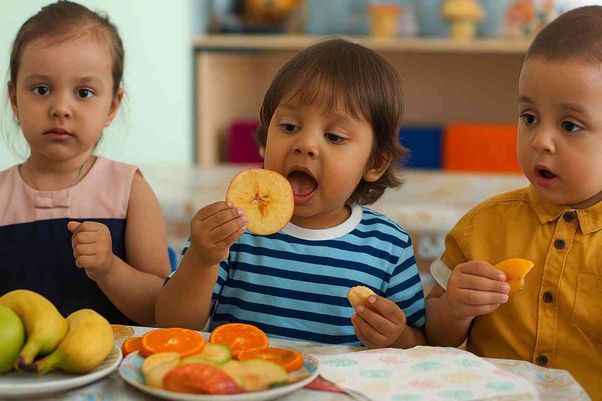 Children in a kindergarten enjoy slices of fresh fruit at a small table.