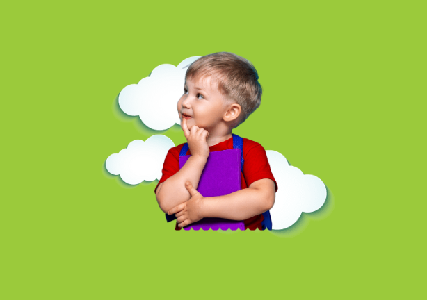 Child in colorful attire thinking creatively against a bright green background.