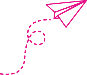 Pink paper plane with a dashed flight path against a clean white background.