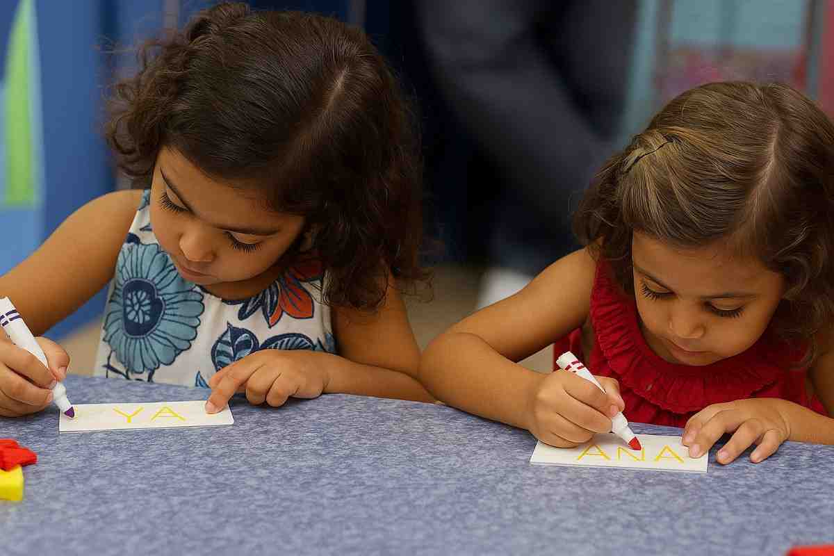 Children writing at a table during creative activities in kindergarten.