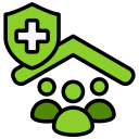 A green icon with a medical cross above a family under a house roof.