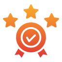 Award ribbon symbol with three stars indicating achievement and quality.