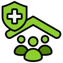 A green icon with a medical cross above a family under a house roof.